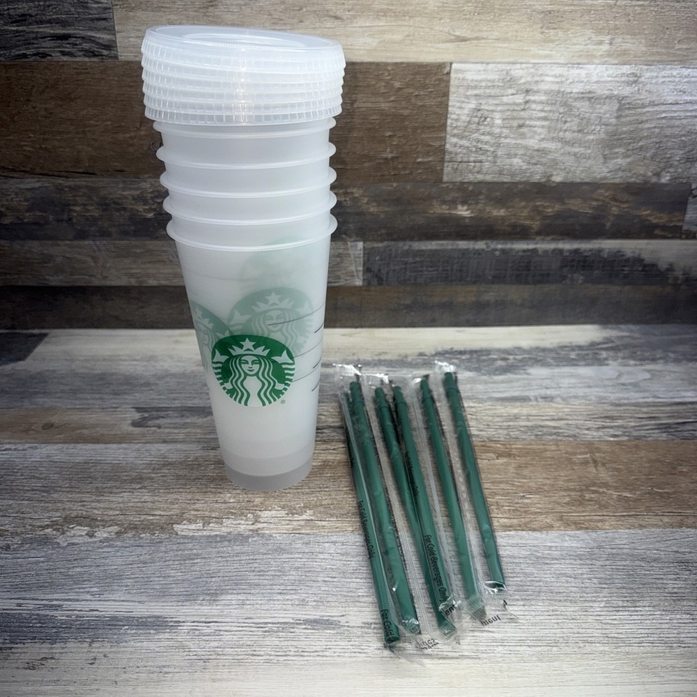 Starbucks Reusable Cold Cups 6 Pack Venti 24oz Plastic Tumblers Lids Straws